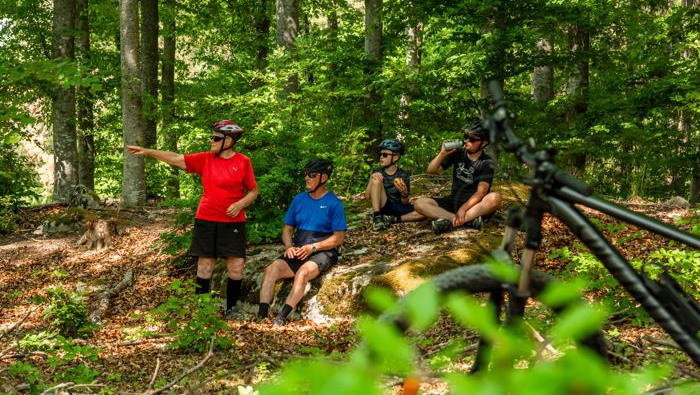 Cyklister som tar en paus i bokskogen vid Mälsåker
