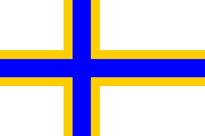Sverigefinska flaggan med vit botten och ett blått kors med en gul ram kring korset