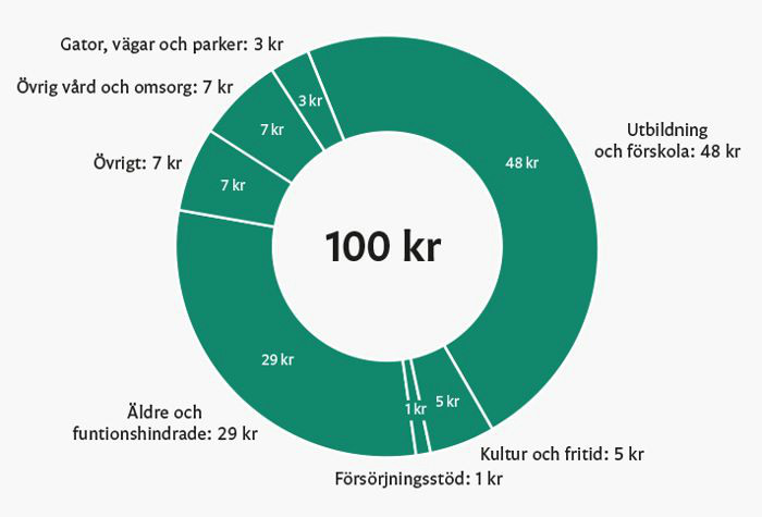 Cirkeldiagram som visar hur hundra kronor fördelas procentuellt på olika kostnadsposter